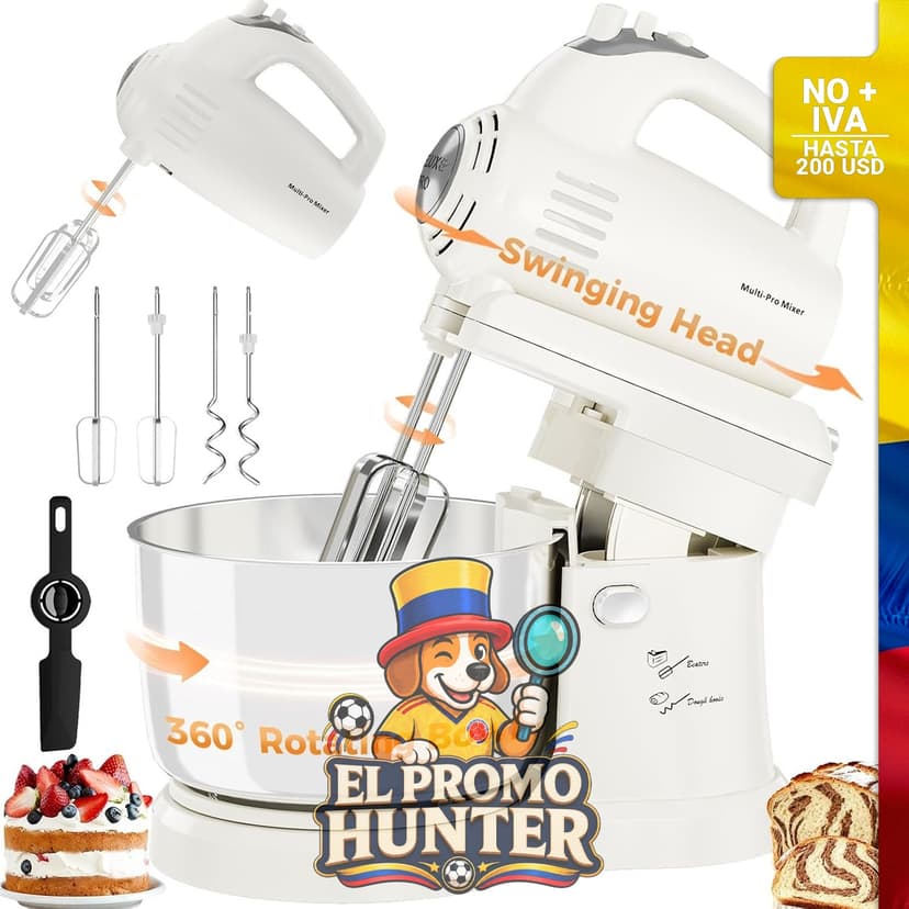 Batidora de pie y mano eléctrica de cocina con tazón giratorio automático de 3.2 QT y 5 velocidades.