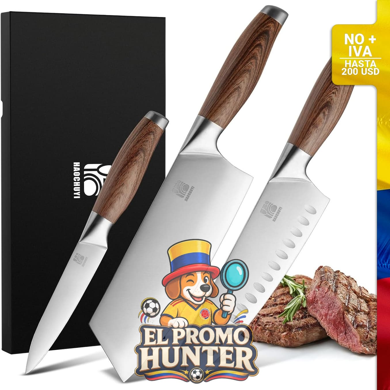Juego de cuchillos de chef profesionales de 3 piezas, acero con mango ergonómico.