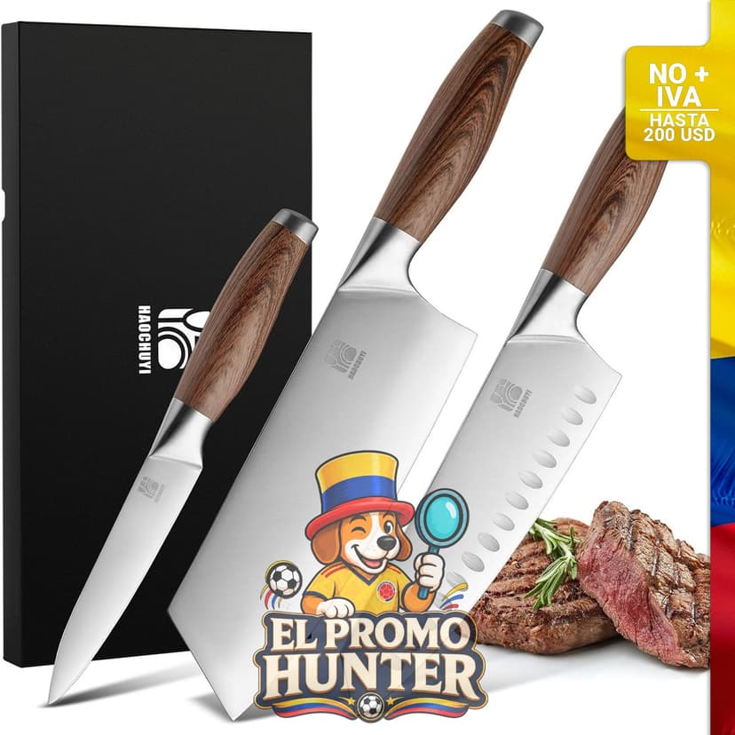 Juego de cuchillos de chef profesionales de 3 piezas, acero con mango ergonómico.
