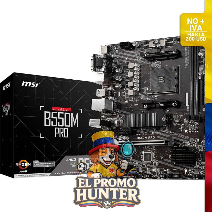 Placa base MSI PRO B550M-P, mATX, compatible con procesadores AMD Ryzen y DDR4 hasta 4400+ MT/s OC.