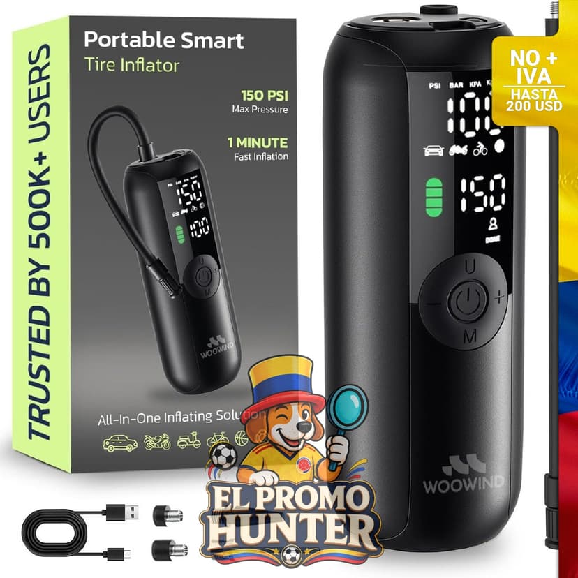 Compresor de aire portátil para coches y bicicletas, 150 PSI, inflado en 1 minuto, con apagado automático y manómetro digital.