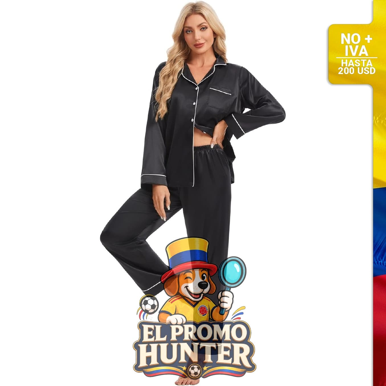 Conjunto de pijama clásico de satén de manga larga para mujer, 2 piezas con botones y cuello de muesca.