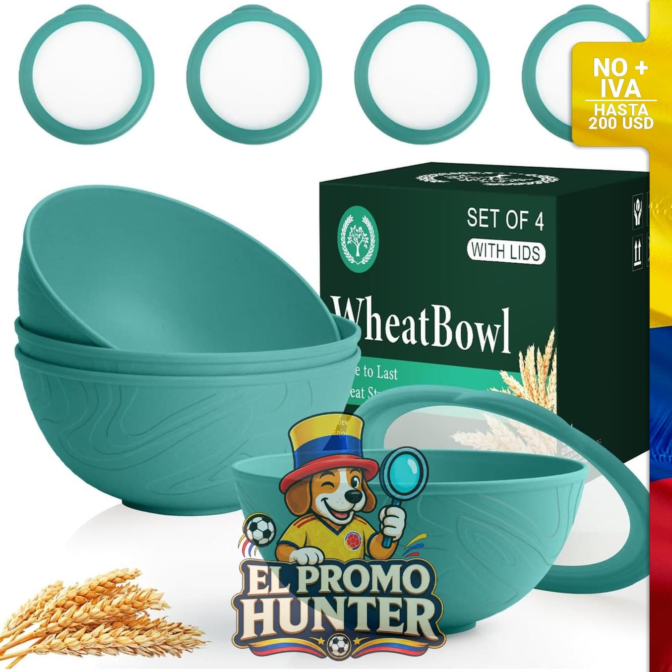 Juego de 4 tazones de paja de trigo de 40 oz (1.2 L) con tapas de silicona.