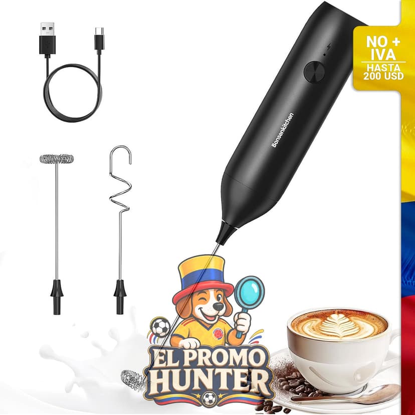 Espumador de leche recargable de mano con batidor de acero inoxidable y carga USB-C.