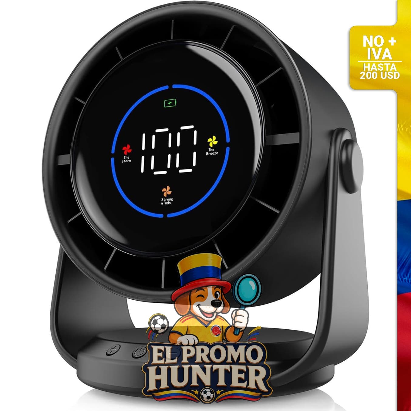 Ventilador de escritorio turbo con pantalla digital, 100 velocidades, inclinación ajustable de 105° y batería recargable.