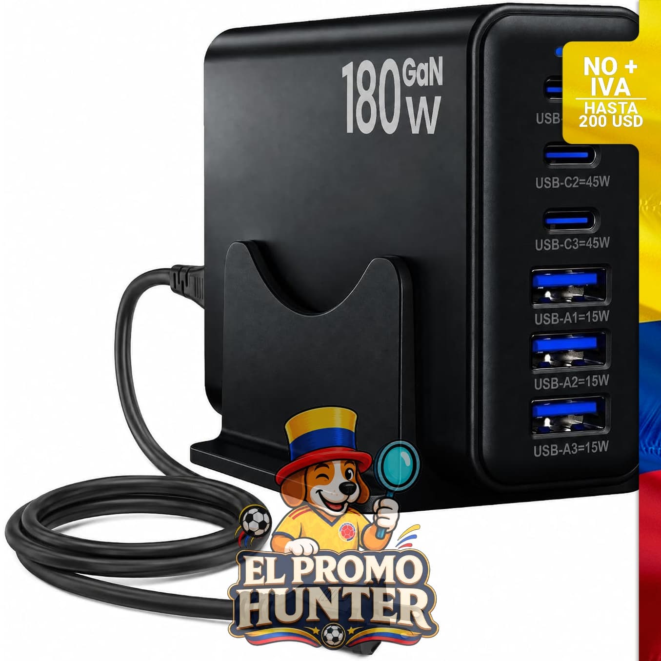 Estación de carga USB C de 180W con 6 puertos, 3 puertos USB-C de 45W y 3 puertos USB-A de 15W, fabricada en ABS y PC.