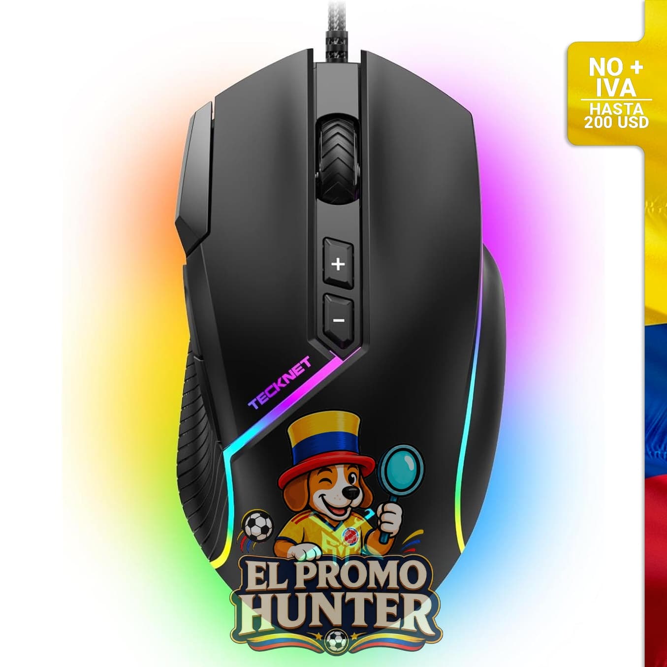 Ratón óptico TECKNET con cable, 12800 DPI, 8 botones y retroiluminación RGB.