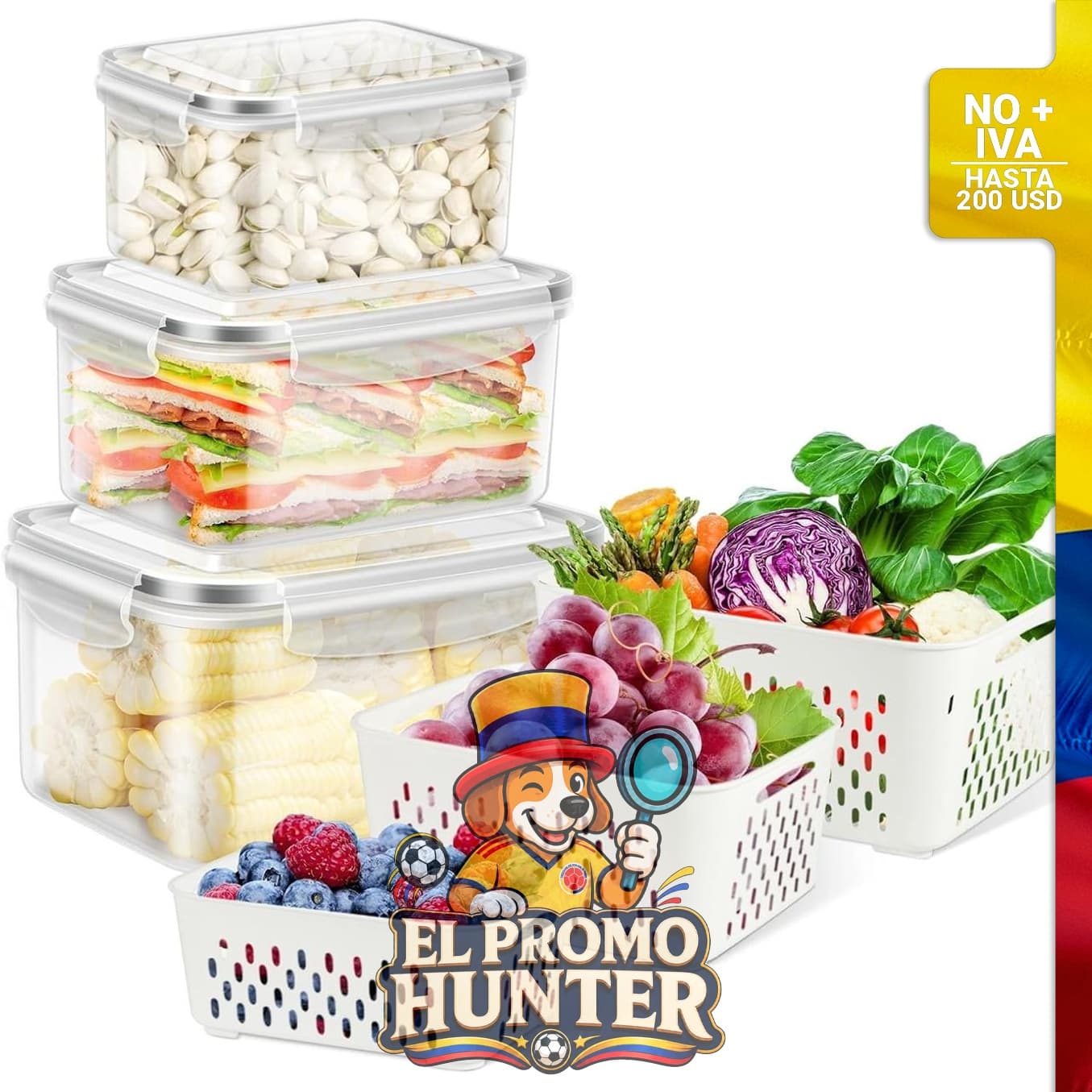 Contenedores de almacenamiento de frutas para refrigerador, 6 piezas con colador para enjuagar.
