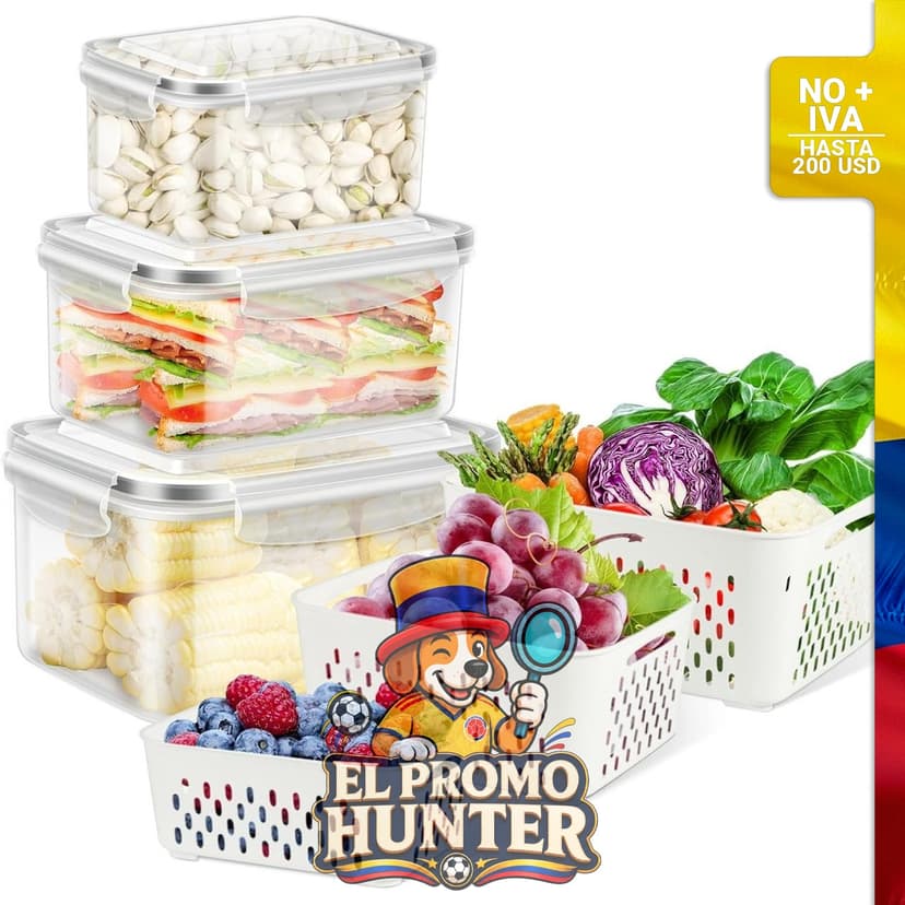 Contenedores de almacenamiento de frutas para refrigerador, 6 piezas con colador para enjuagar.