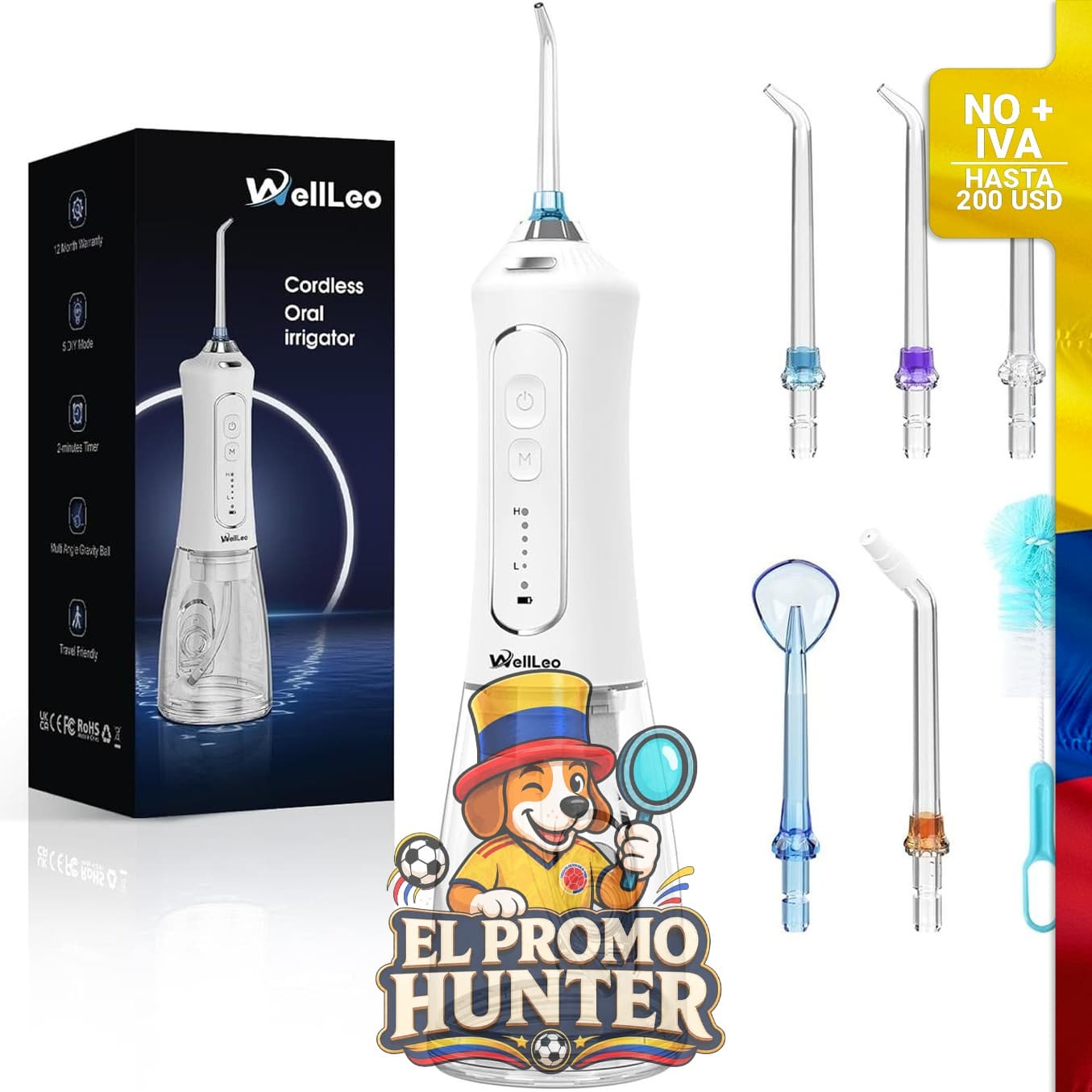 Irrigador bucal inalámbrico WellLeo de 300 ml, recargable, con 5 modos y 5 puntas de chorro.
