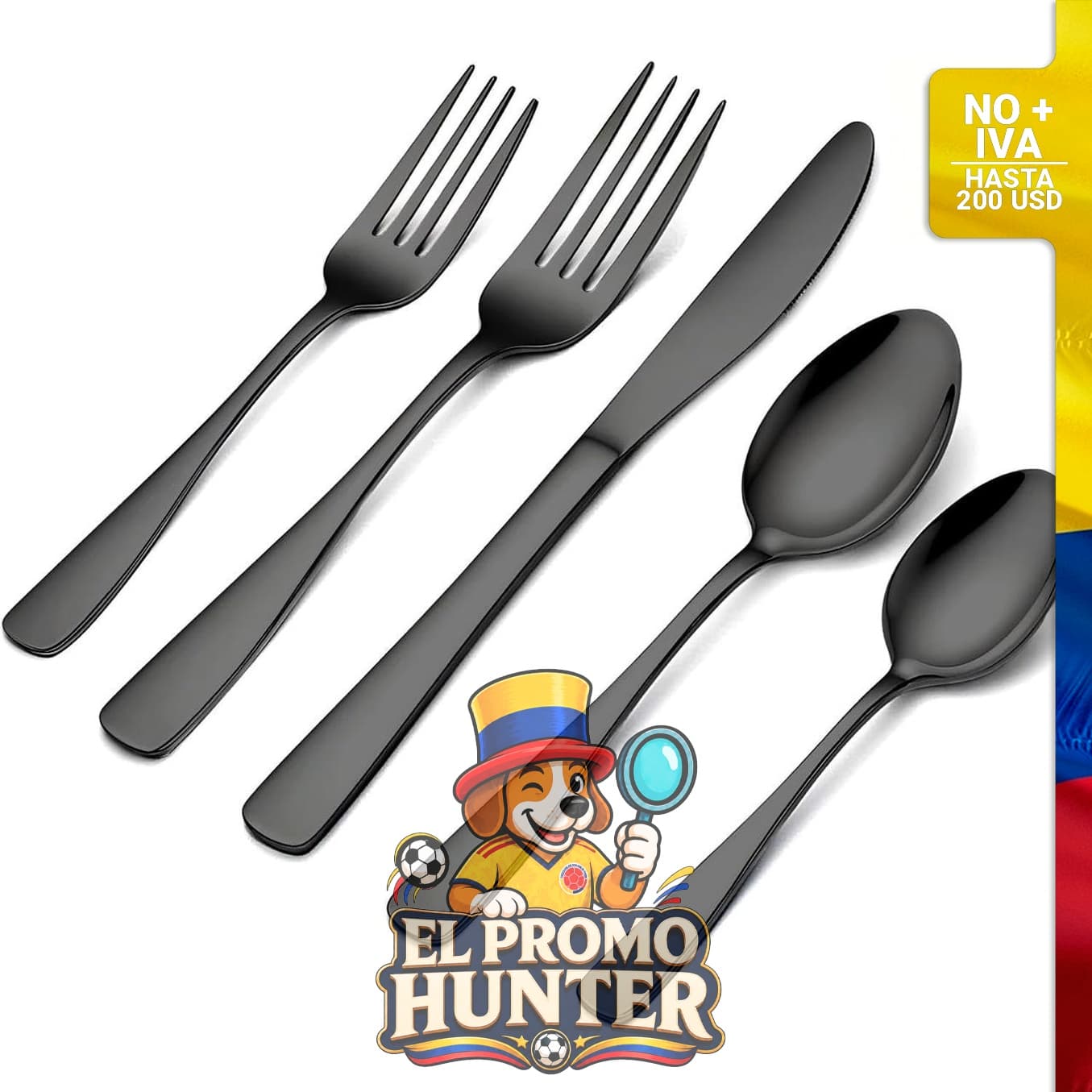 Juego de cubiertos de 20 piezas de acero inoxidable negro, incluye cuchillos, tenedores y cucharas.