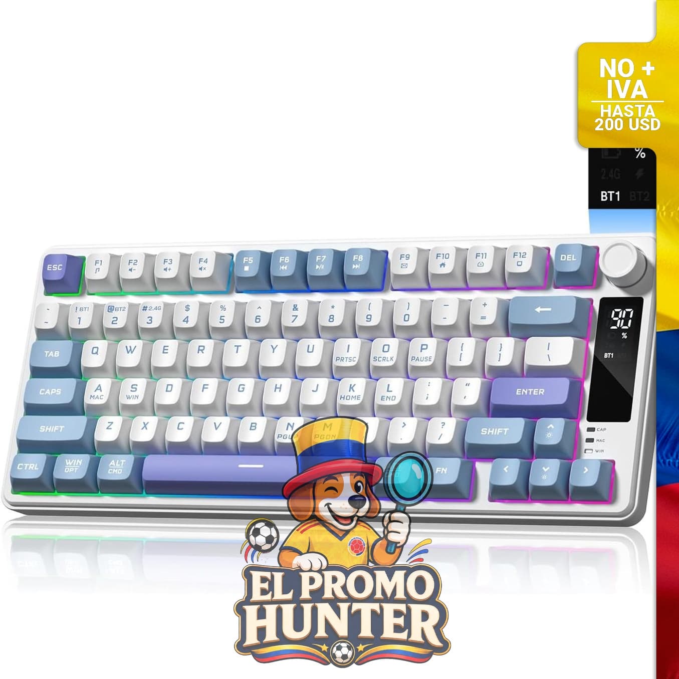 Teclado inalámbrico Klymra DK75, 75% para juegos, retroiluminado RGB, con perilla multimedia y pantalla OLED.
