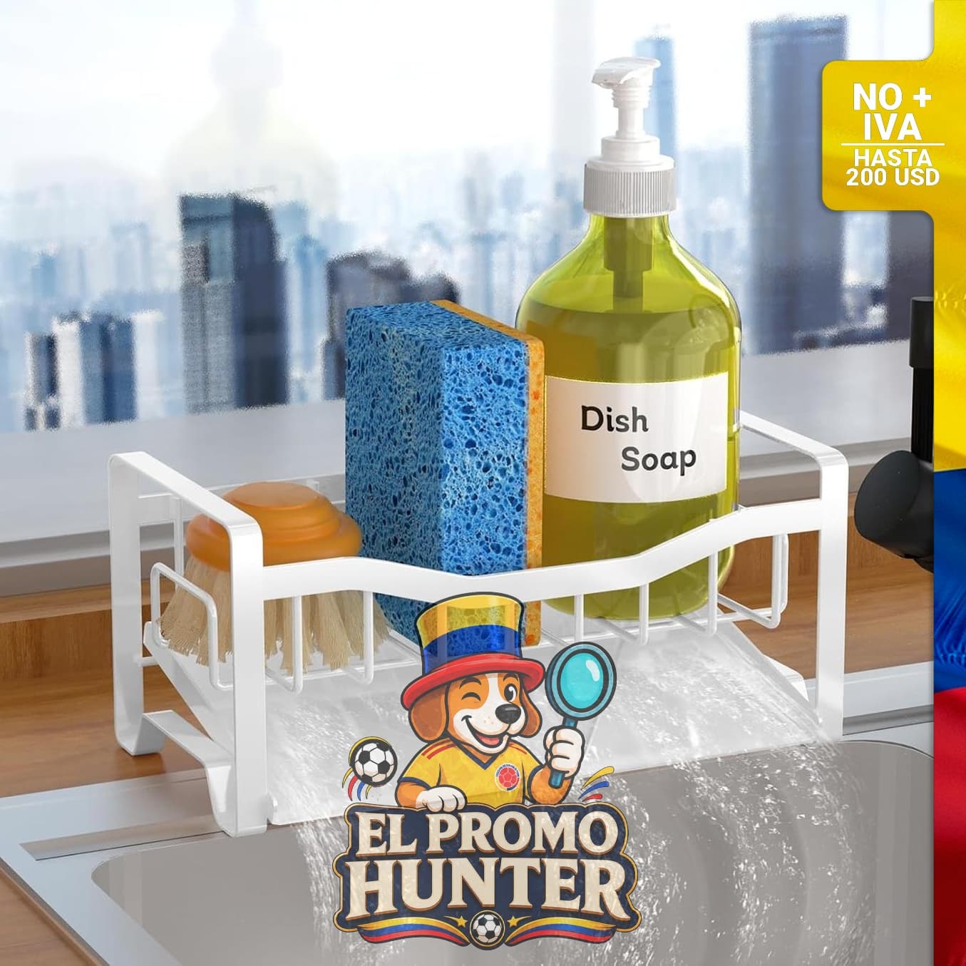 Organizador de fregadero de acero inoxidable con bandeja de drenaje automático y portaesponjas.