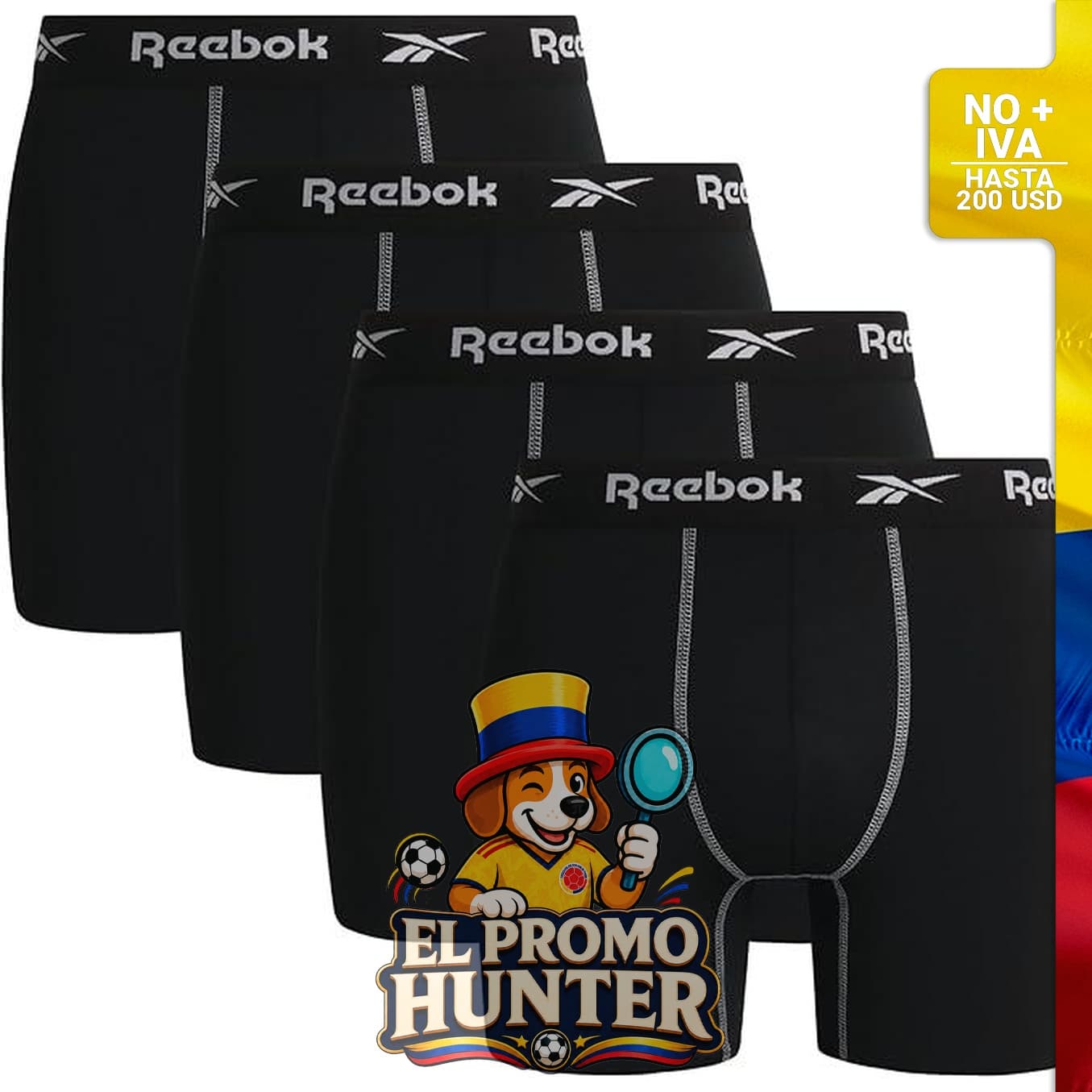 Calzoncillos tipo bóxer Reebok para hombre, paquete de 4, 6" (15 cm) de entrepierna, tejido elástico que absorbe la humedad.