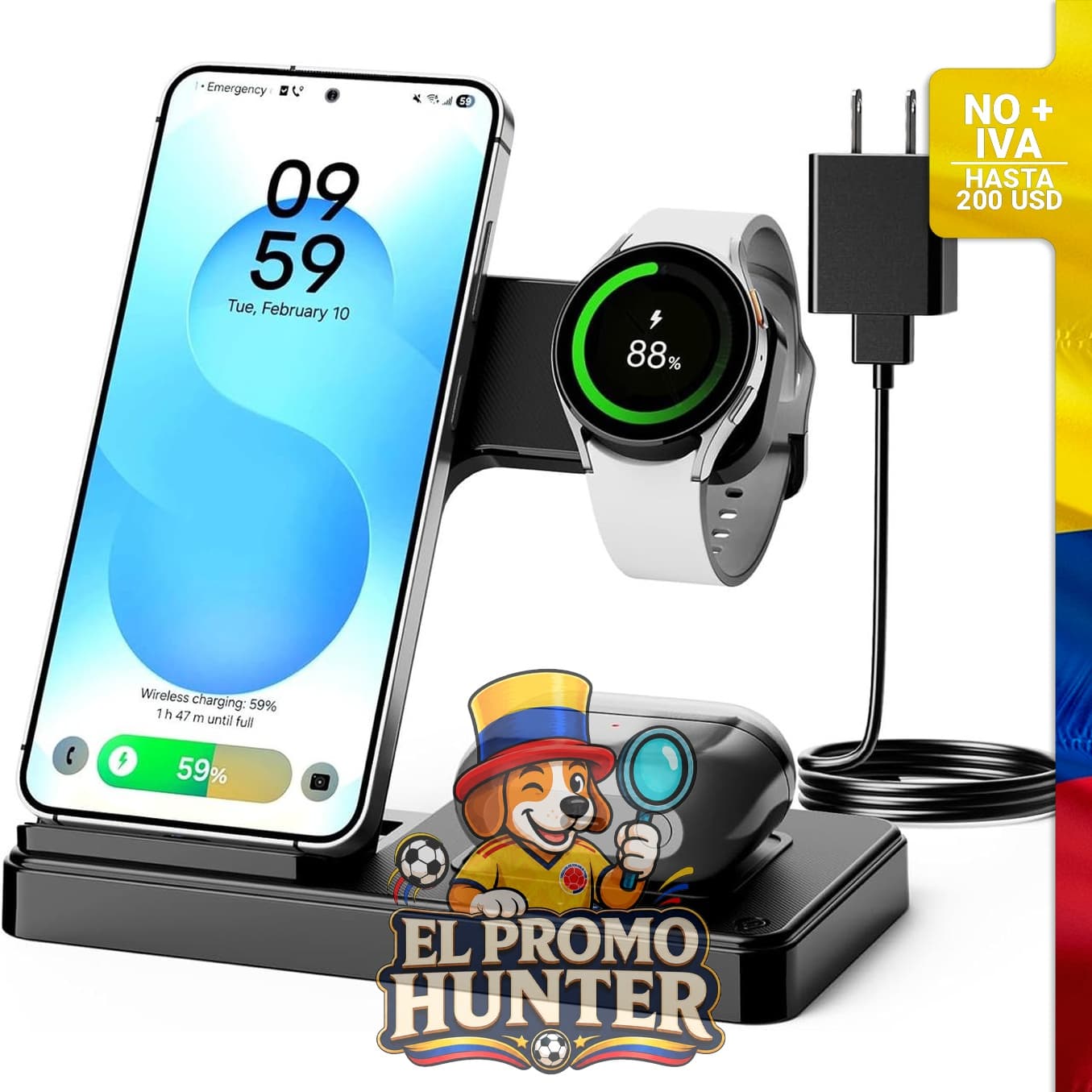 Cargador inalámbrico plegable 3 en 1 para dispositivos Samsung, compatible con S21/S22/S23/S24/S25/S26, Note 10/20, Z Fold 5/6, Galaxy Buds y Galaxy Watch.