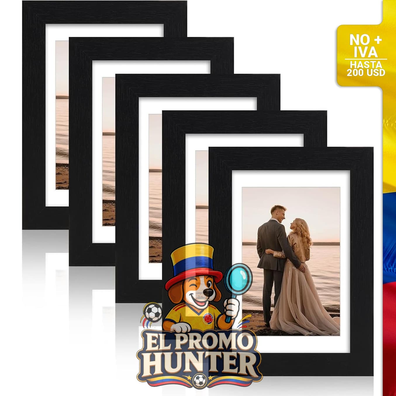 Juego de 5 marcos de fotos de 4" x 6" (10 cm x 15 cm) con grano negro y cubierta de vidrio.