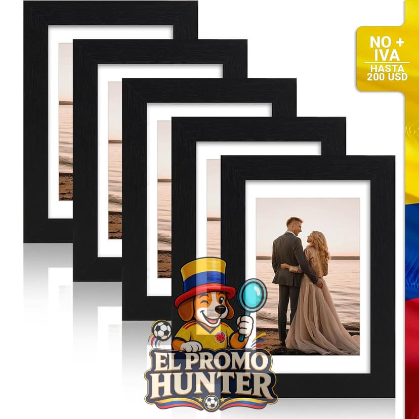 Juego de 5 marcos de fotos de 4" x 6" (10 cm x 15 cm) con grano negro y cubierta de vidrio.