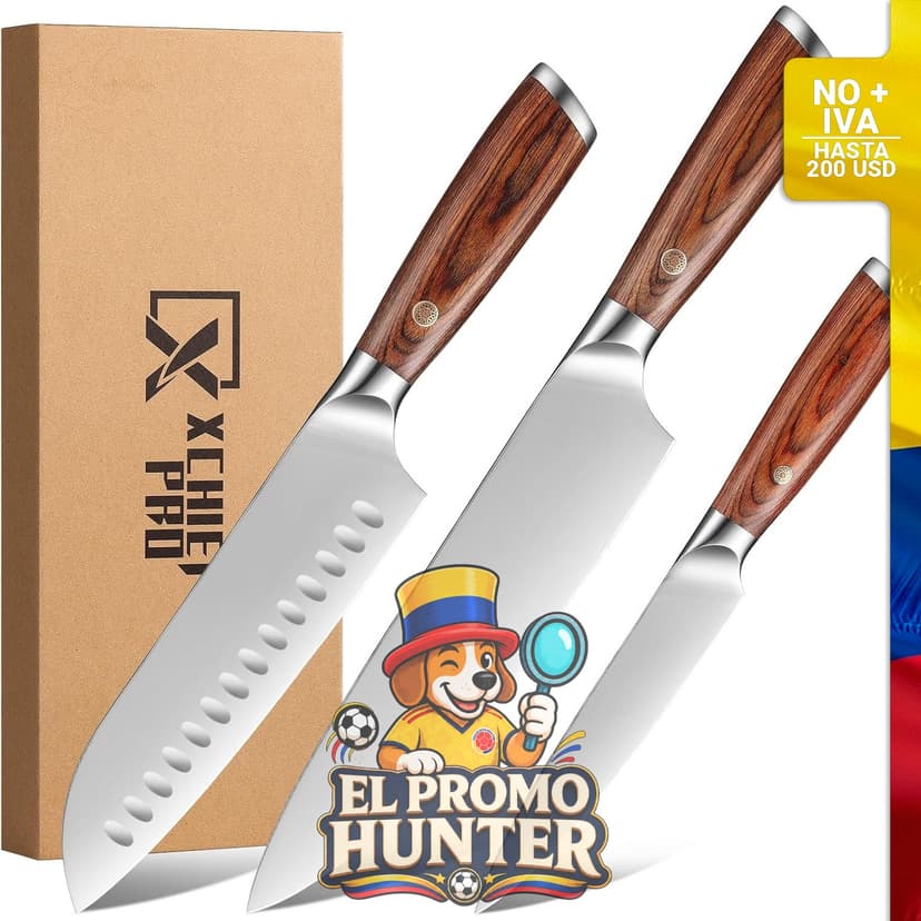 Juego de cuchillos de cocina de 3 piezas, acero inoxidable de alto carbono, incluye cuchillo Santoku.