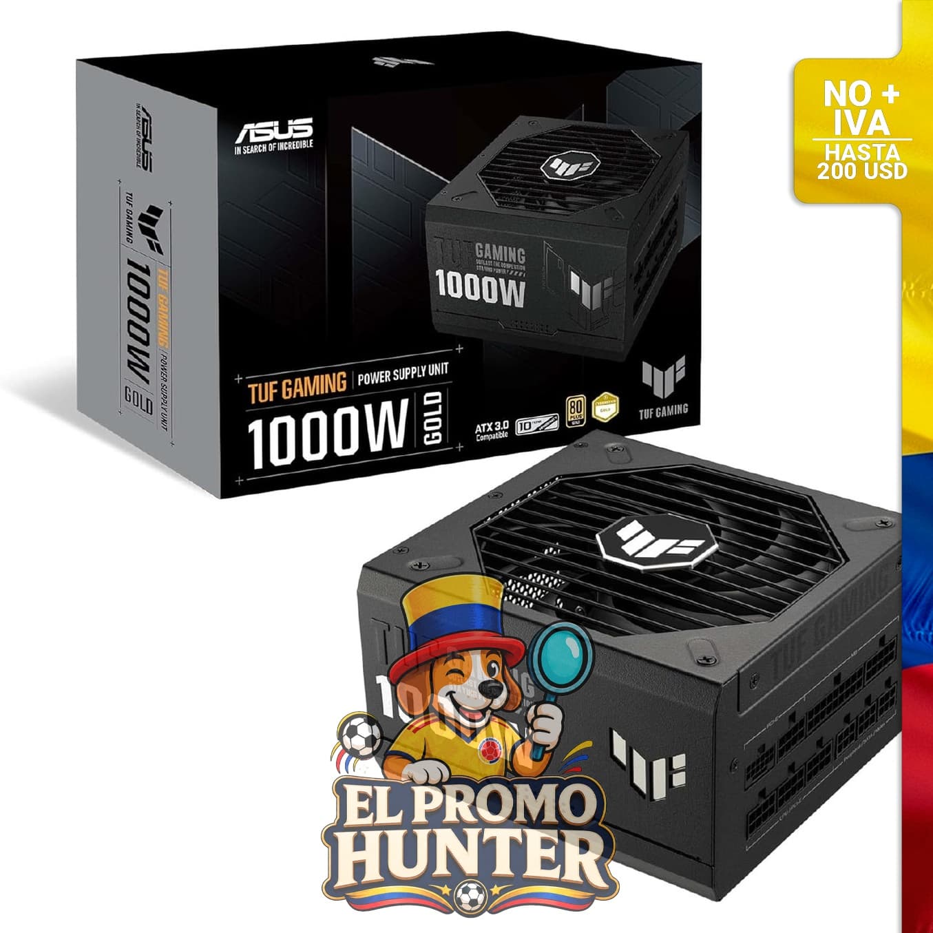 Fuente de alimentación ATX 3.0 totalmente modular de 1000 W, certificación 80+ Oro, componentes de grado militar.