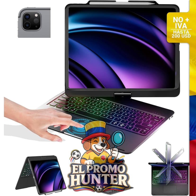 Funda para teclado de iPad de 13” con rotación de 360° y retroiluminación RGB.