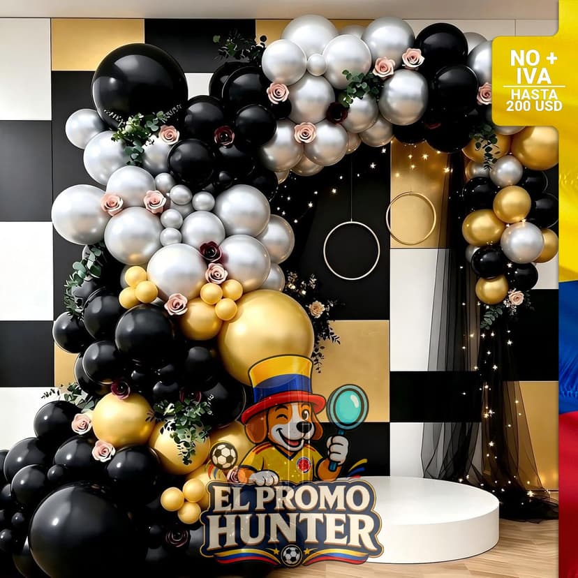 Arco de globos en colores negro y dorado, incluye 143 piezas.