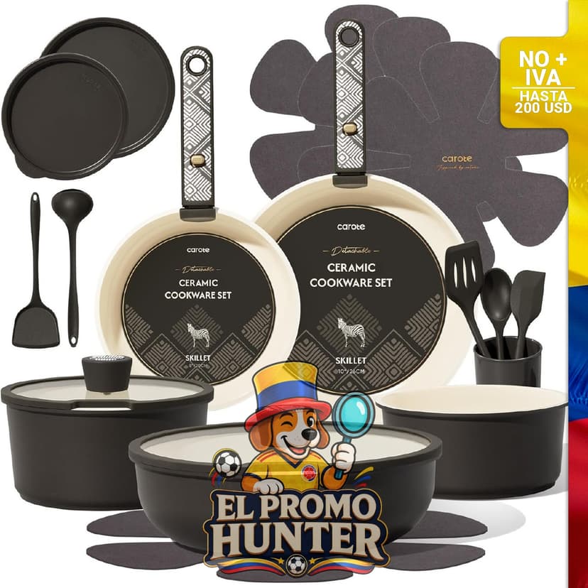 Juego de 21 utensilios de cocina de cerámica, incluye ollas y sartenes con mango desmontable. Compatible con inducción y apto para lavavajillas y horno.