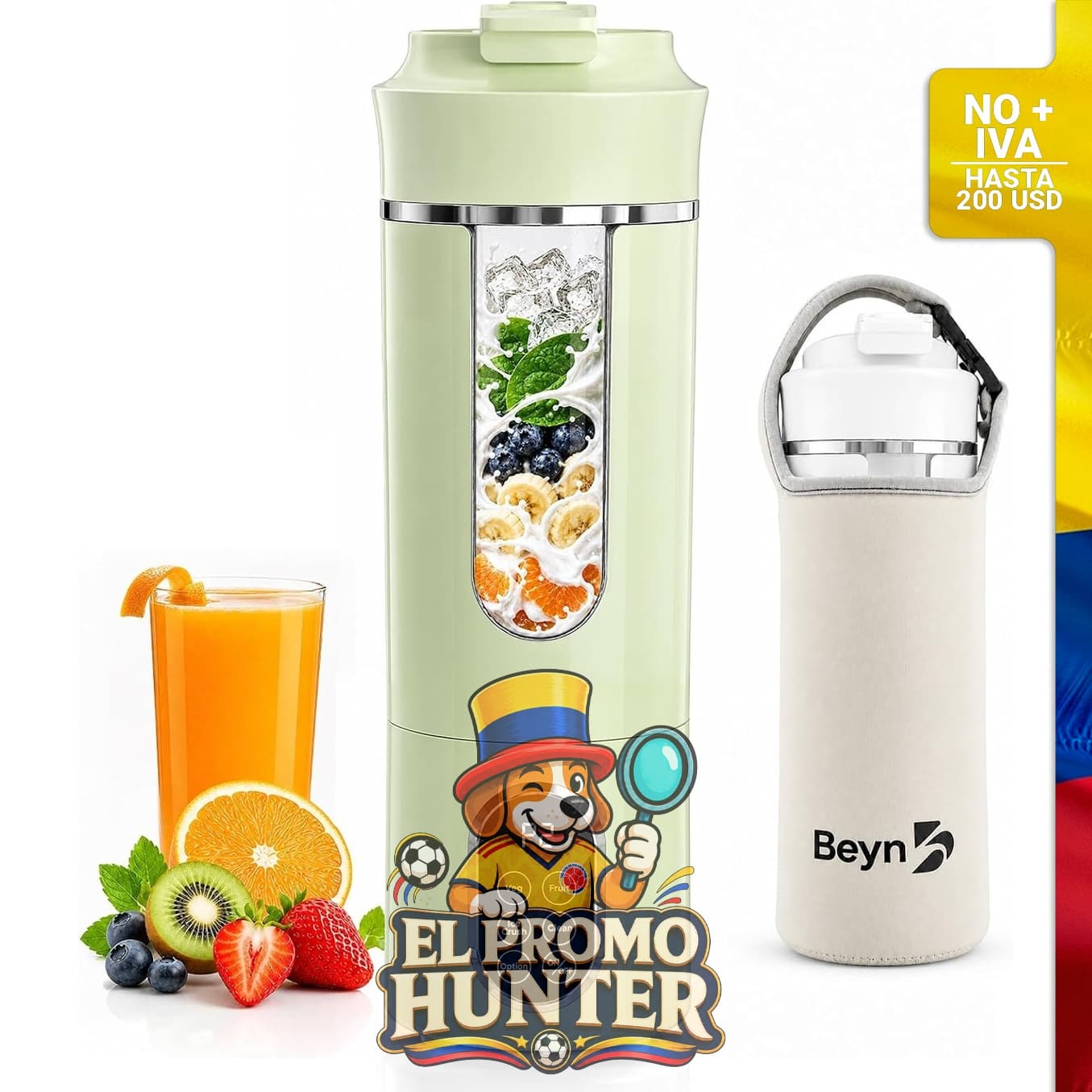 Licuadora portátil Beyn de 530 ml, USB-C, 12 cuchillas de acero inoxidable, autolimpieza digital.