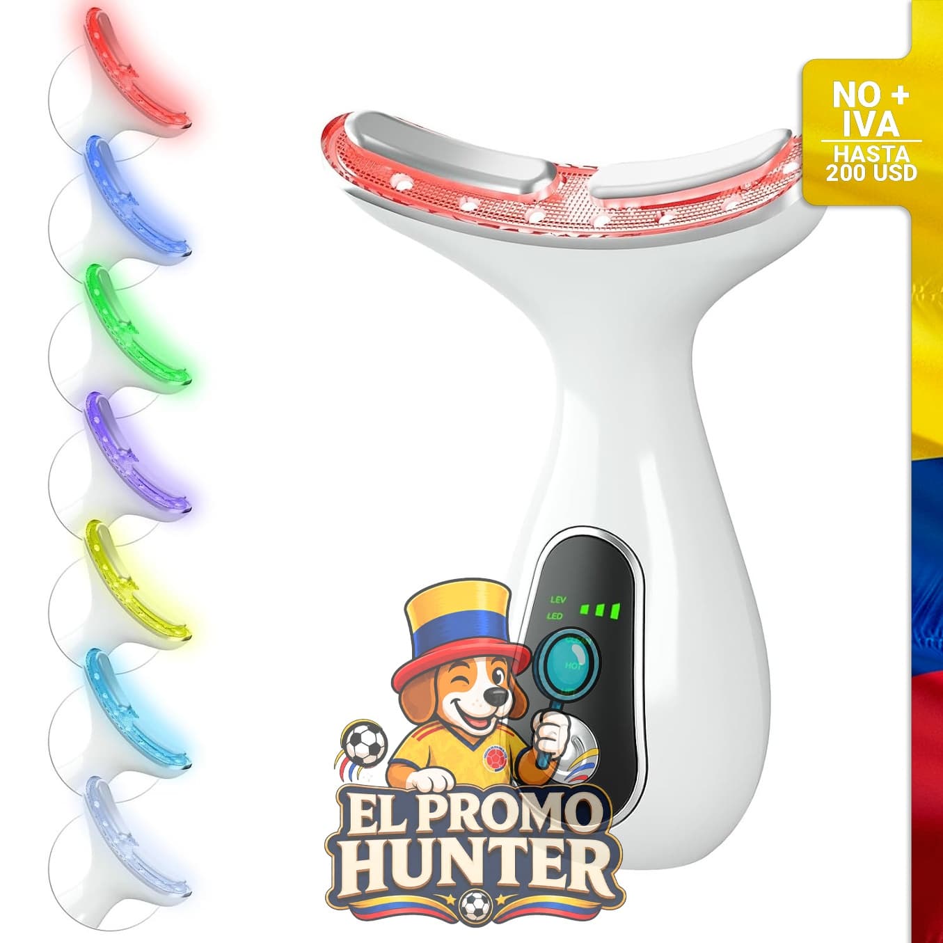 Masajeador facial multifuncional 3 en 1 con 7 colores, calor de 45 °C y función de vibración.