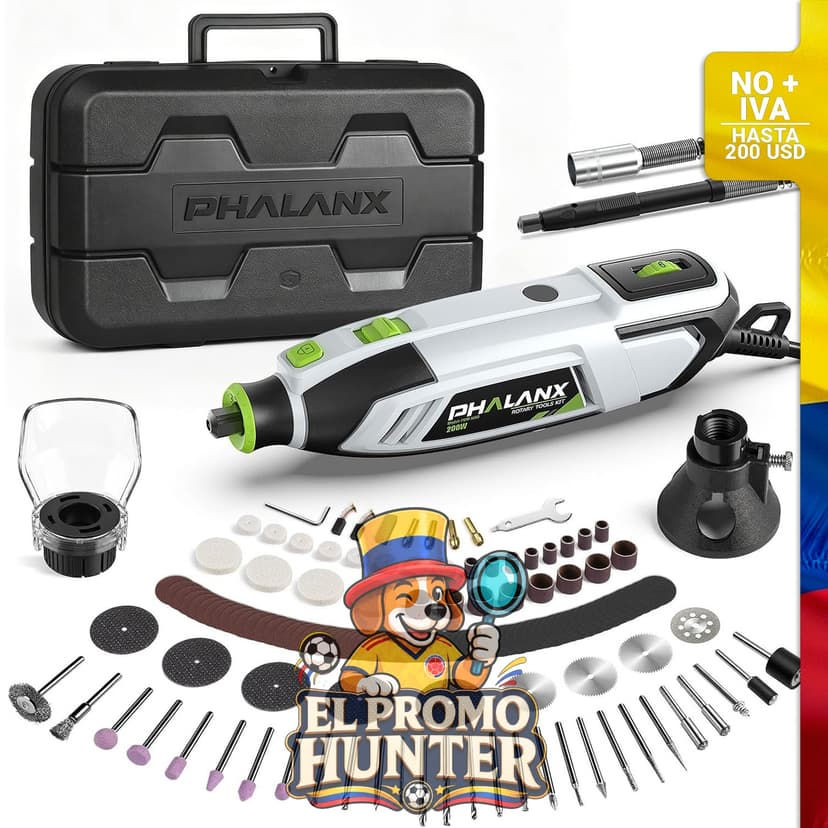 Kit de herramientas rotativas de 200 W, 6 velocidades (10,000-38,000 rpm), incluye eje flexible y 132 accesorios.