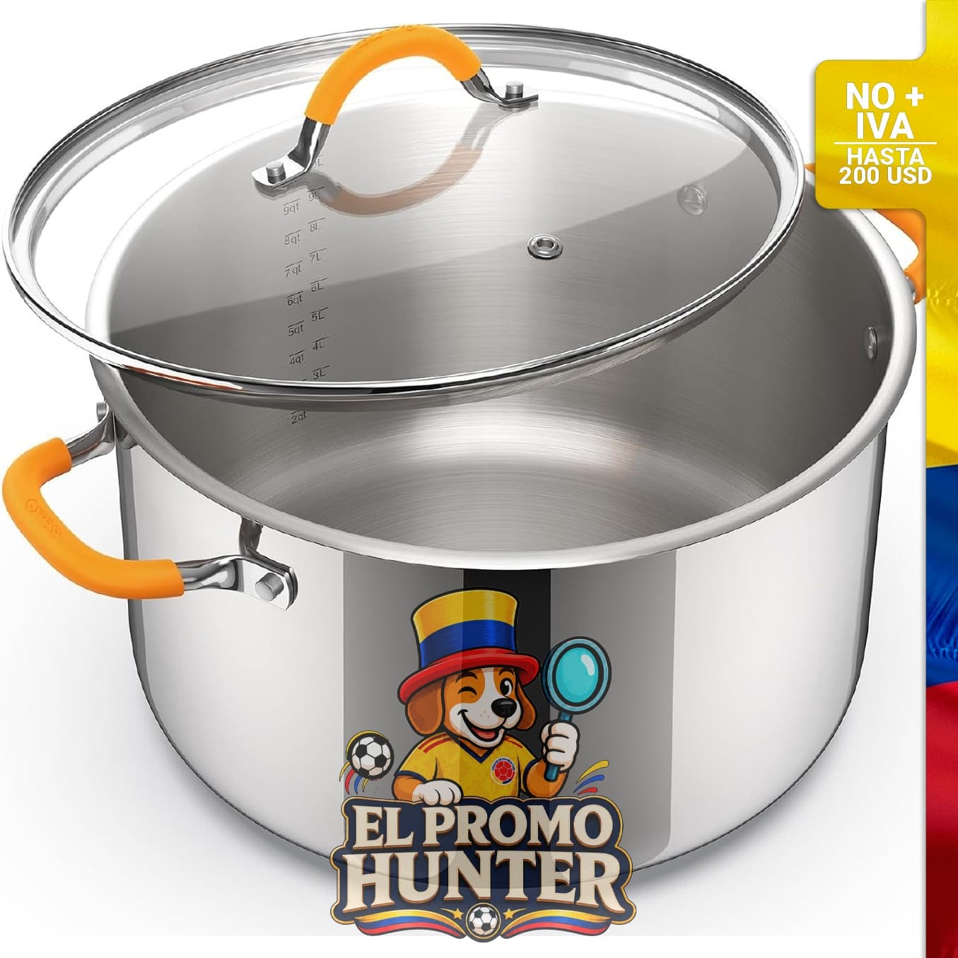 Olla de acero inoxidable de 11 L, apta para inducción y lavavajillas, con tapa.
