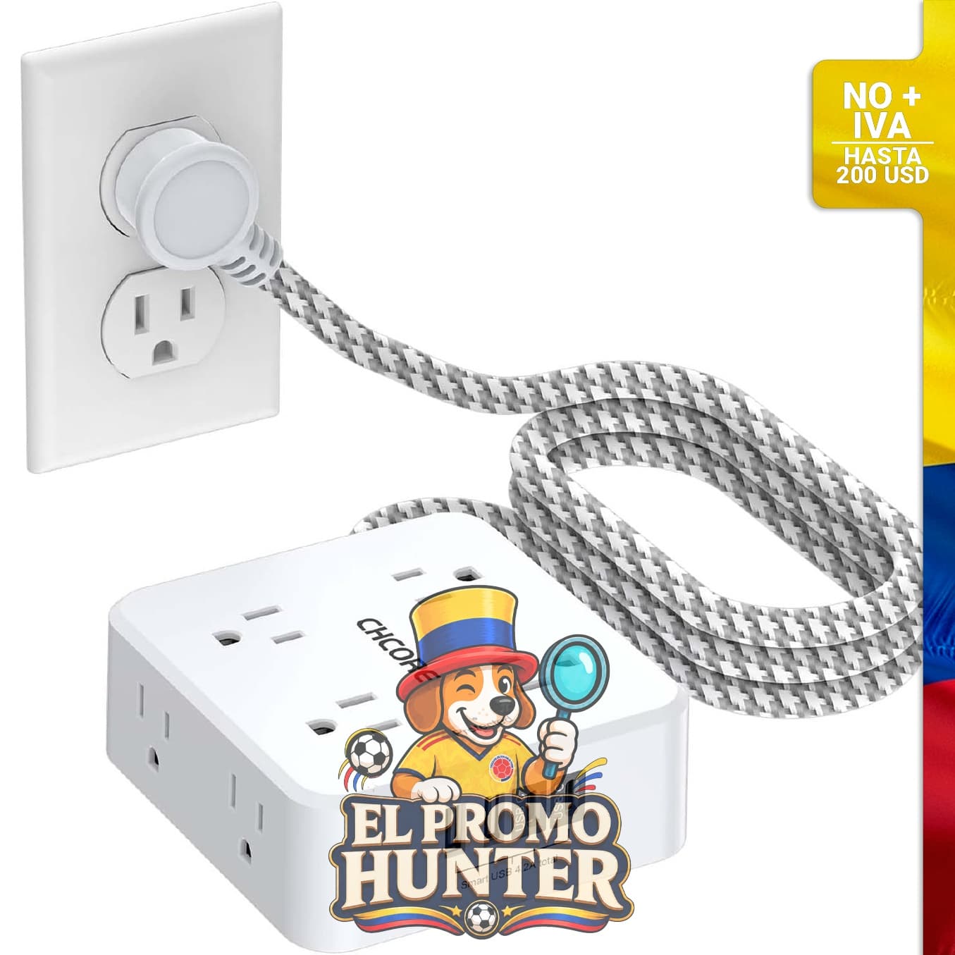 Cable de extensión trenzado de 5 pies (1.52 m) con 8 tomas y 4 puertos USB (2 USB-C) para carga.