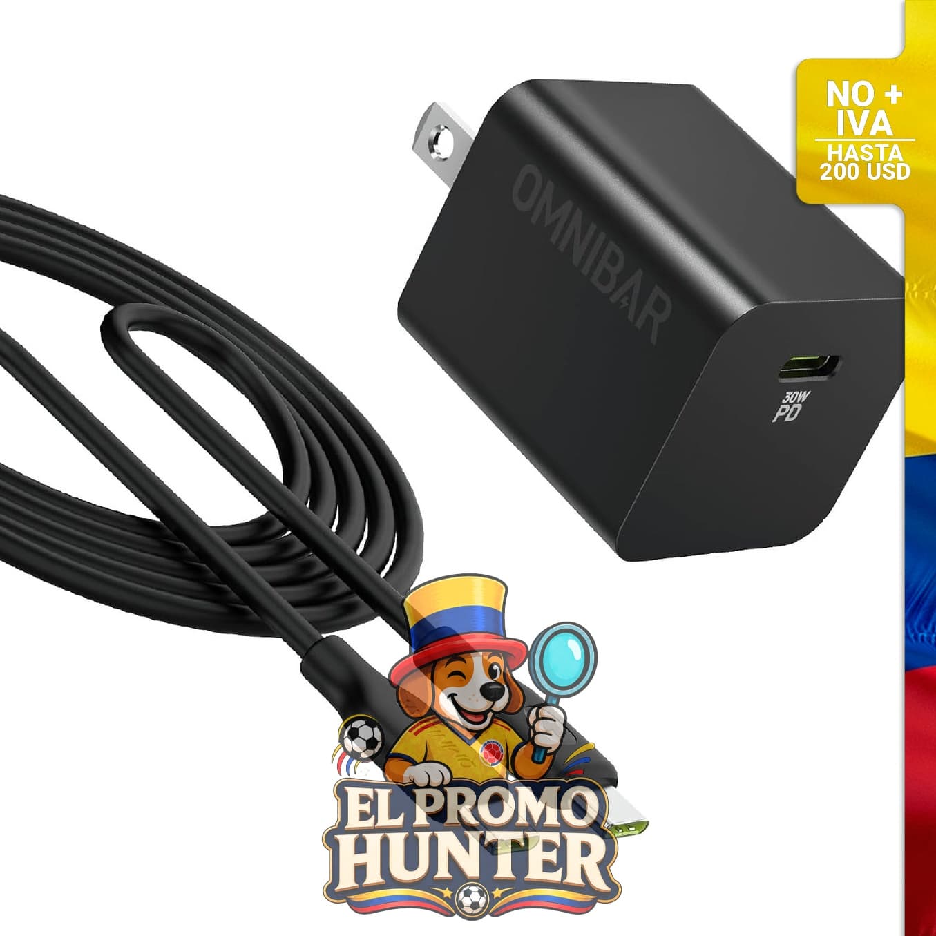 Cargador de pared rápido de 30 W con tecnología GaN, incluye cable de 1.22 m.