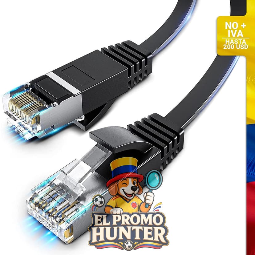 Cable Ethernet Cat 6 plano, disponible en longitudes de 91 cm a 30.48 m, conectores RJ45.