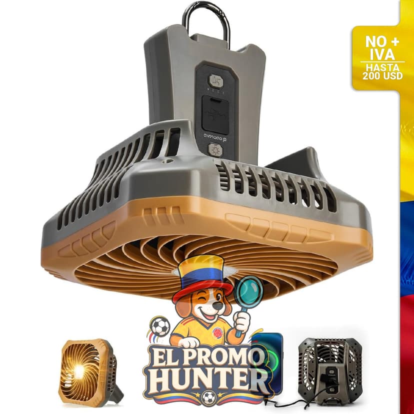 Ventilador portátil recargable con linterna LED, 4 velocidades y gancho para colgar.