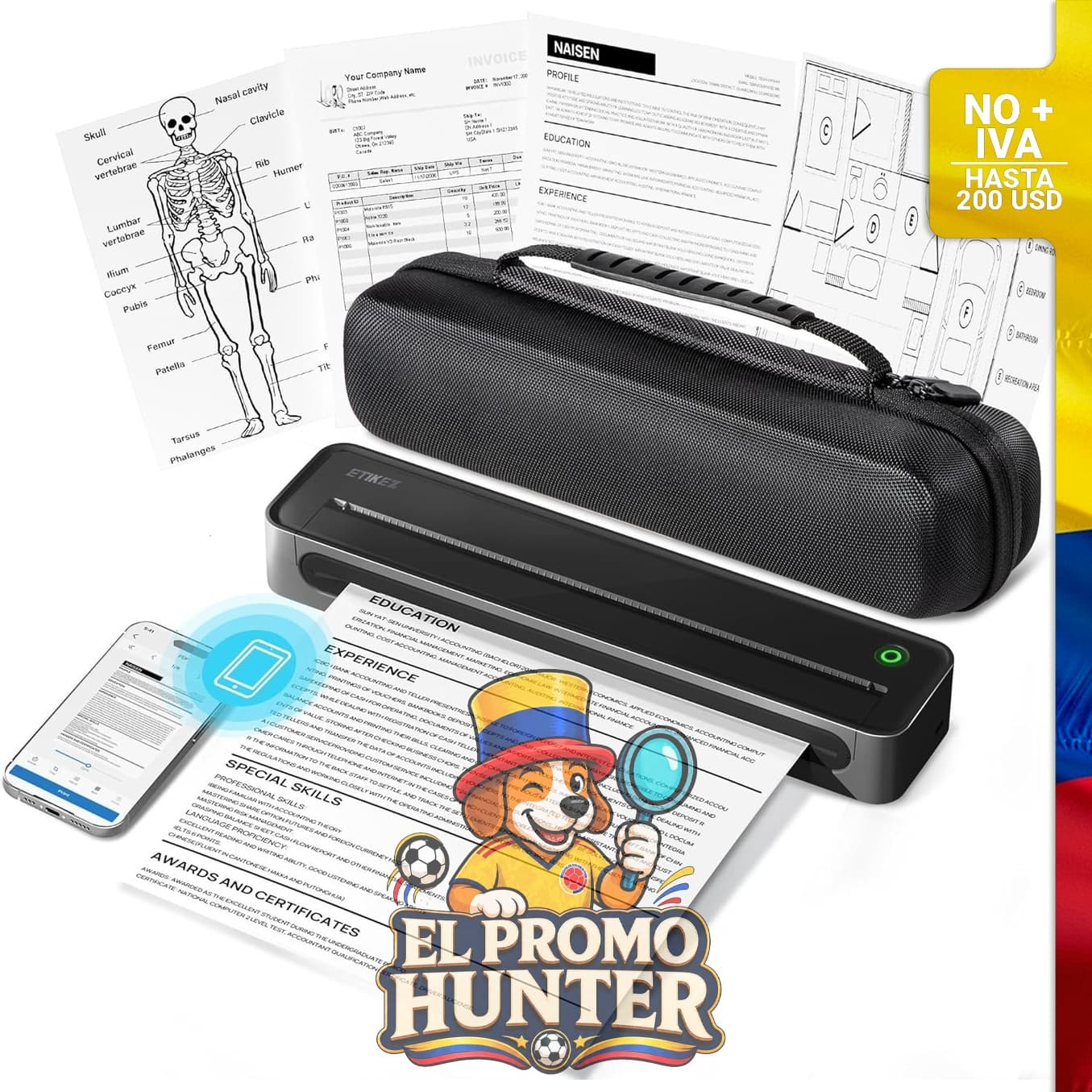 Impresora térmica portátil D90E, inalámbrica, compatible con papel de 21.6 x 27.9 cm.