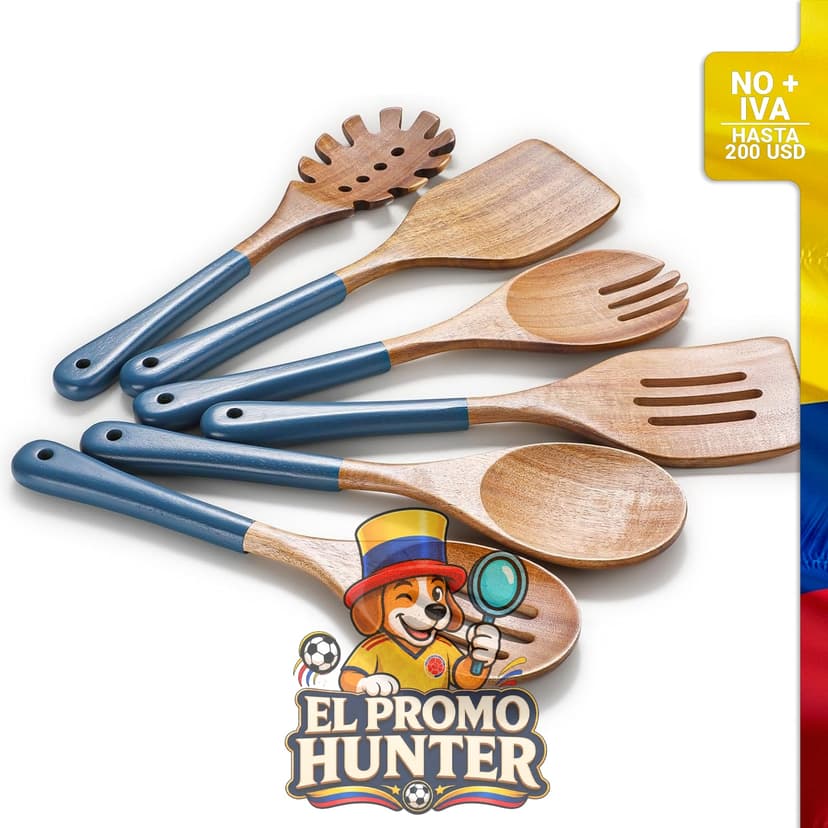 Juego de 6 cucharas de madera de acacia natural para cocinar, utensilios de cocina antiadherentes.