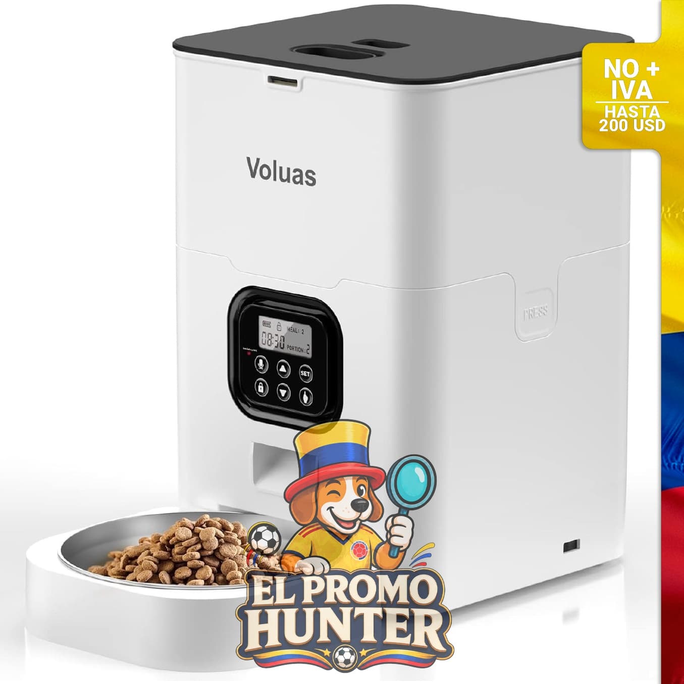 Comedero automático para gatos y perros con control de porciones programable y dispensador de alimentos secos.