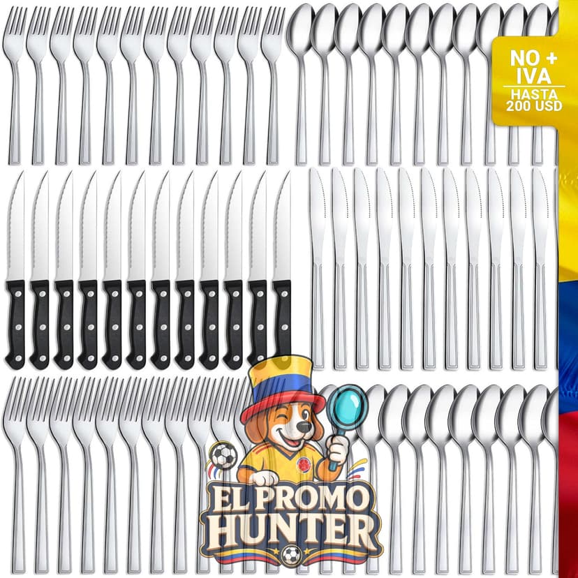 Set de cubiertos de acero inoxidable de 72 piezas para 12 personas, incluye tenedores, cuchillos y cucharas.