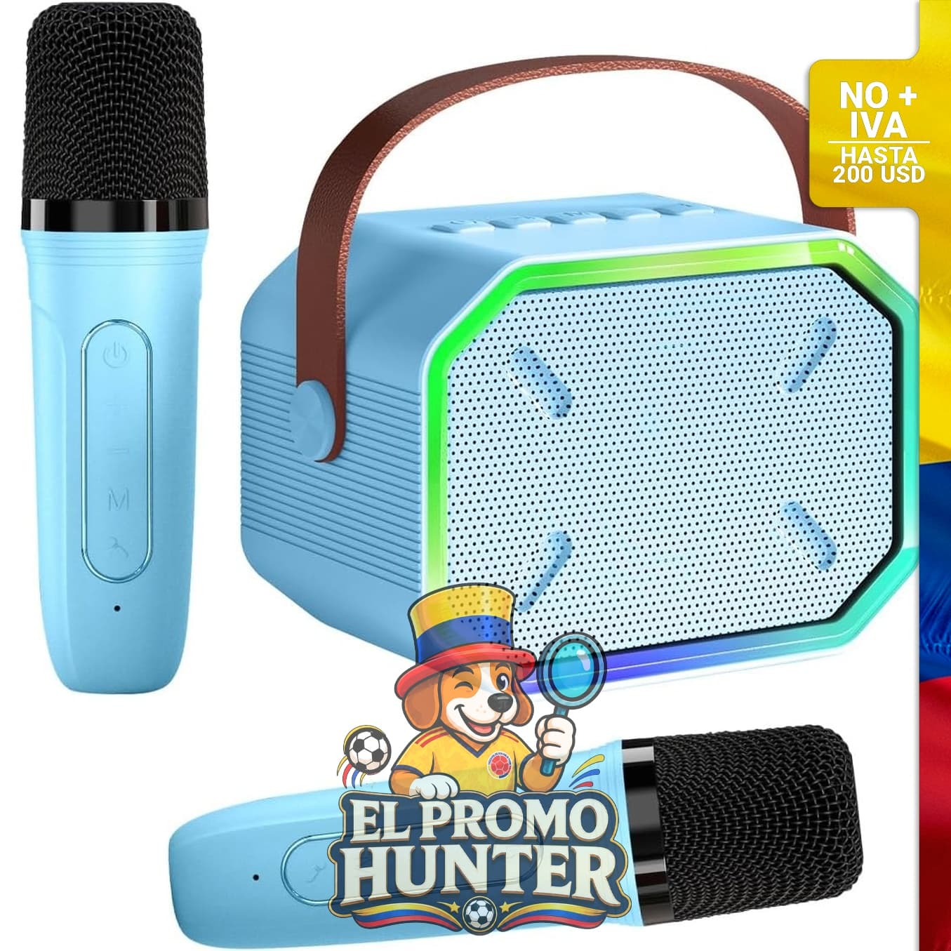 Máquina de karaoke portátil con altavoz Bluetooth y 2 micrófonos inalámbricos. Incluye luces LED.
