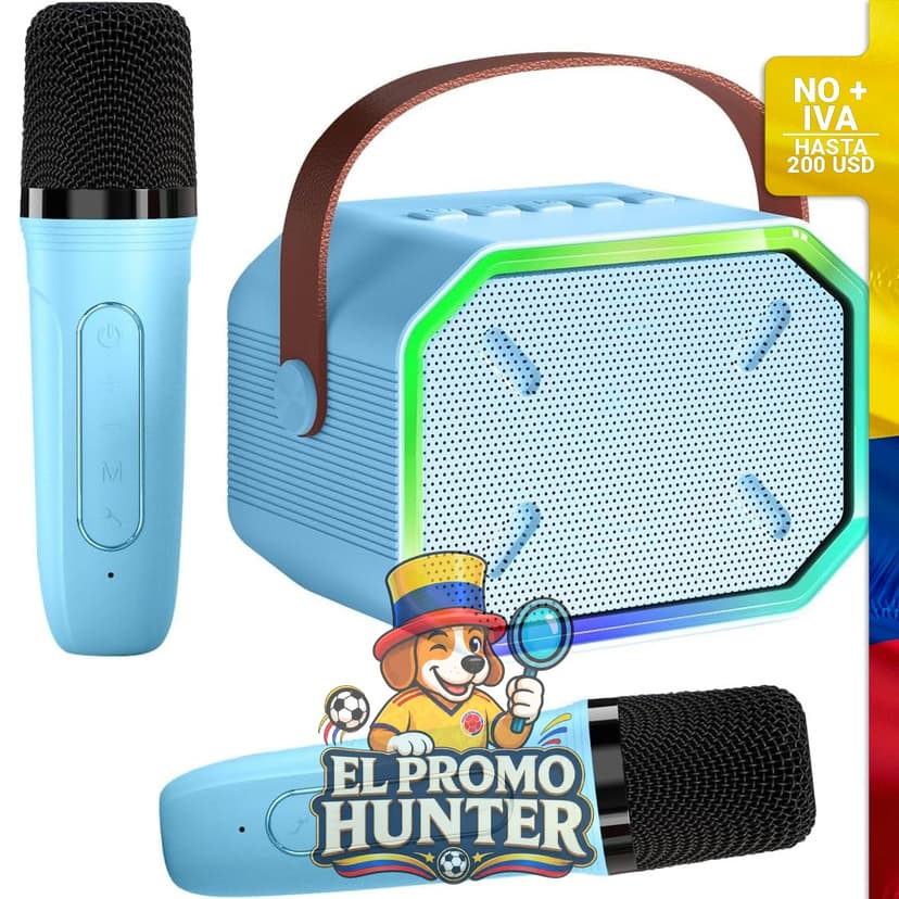Máquina de karaoke portátil con altavoz Bluetooth y 2 micrófonos inalámbricos. Incluye luces LED.
