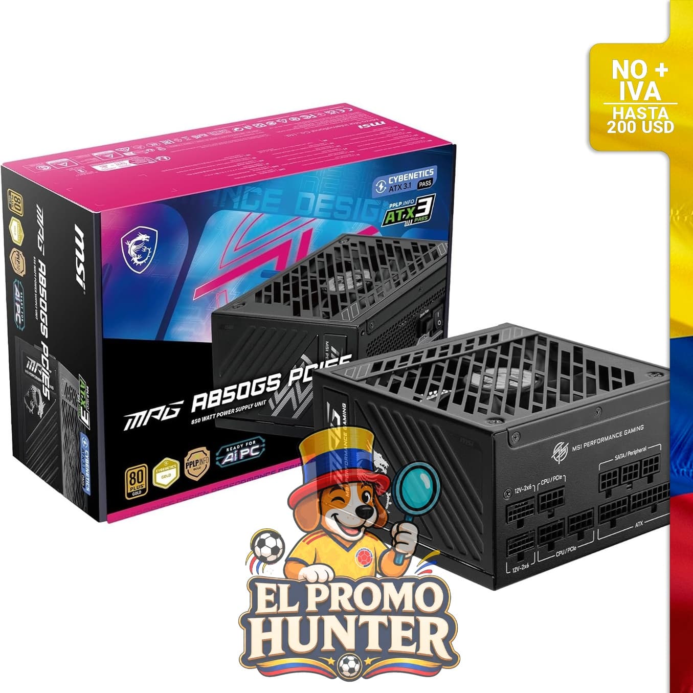 Fuente de alimentación MSI MPG A850GS de 850 W, totalmente modular, 80+ Gold, compatible con ATX 3.1 y PCIe 5.1.
