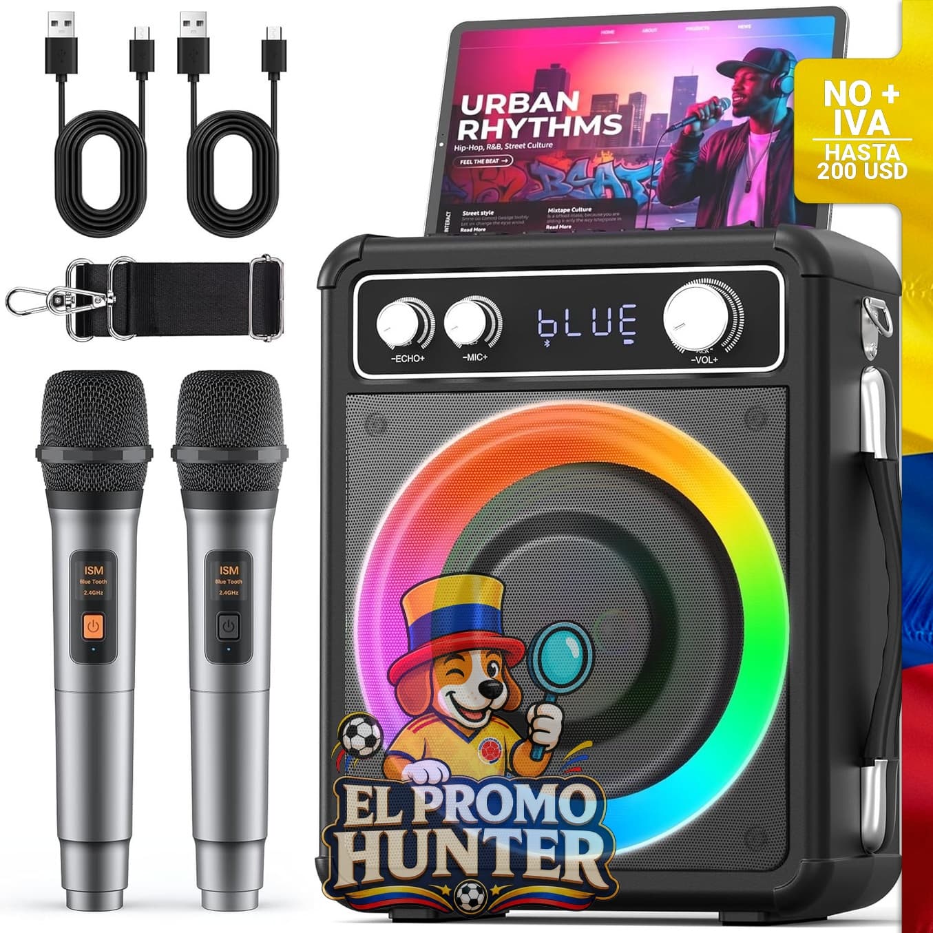 Máquina de karaoke portátil VOSOCO con altavoz Bluetooth, incluye 2 micrófonos inalámbricos y luces LED.