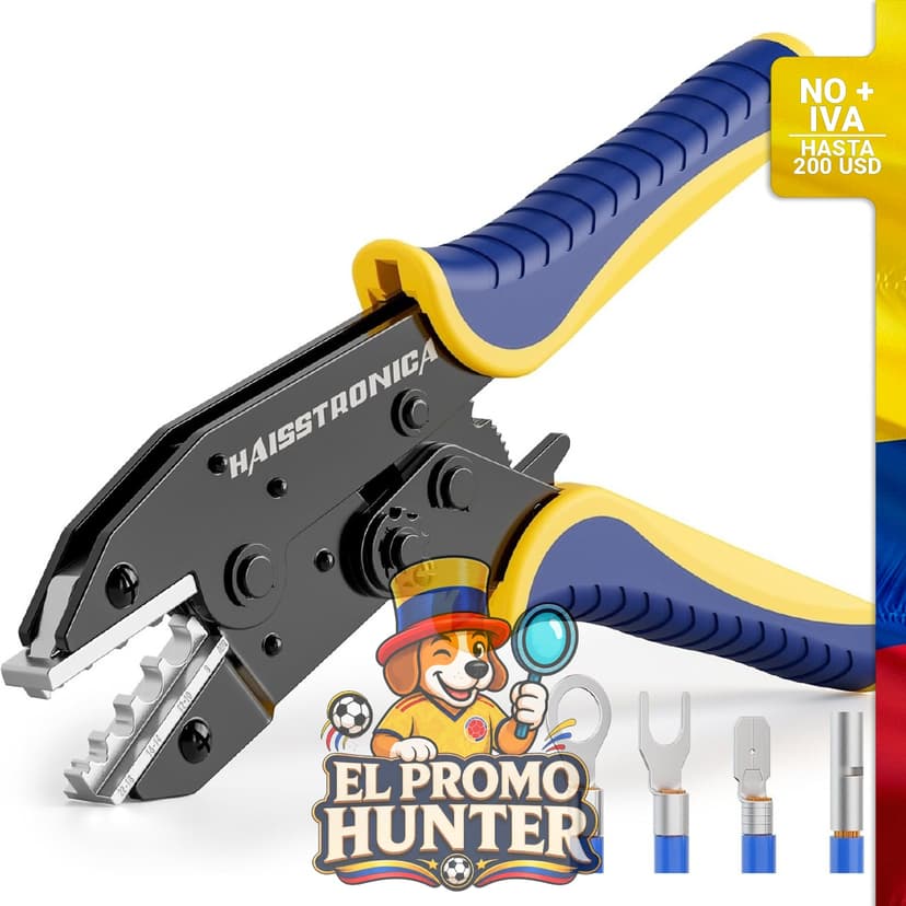 Herramienta de crimpado para terminal no aislado HS-7327, compatible con alambres AWG 22-8, mecanismo de trinquete.