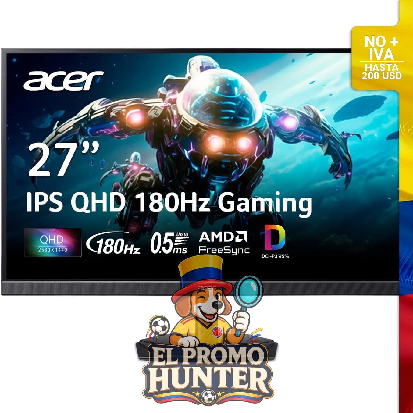 Monitor Acer Nitro de 27" (68.58 cm) QHD 2560 x 1440, con tecnología IPS, AMD FreeSync y actualización de hasta 180 Hz.