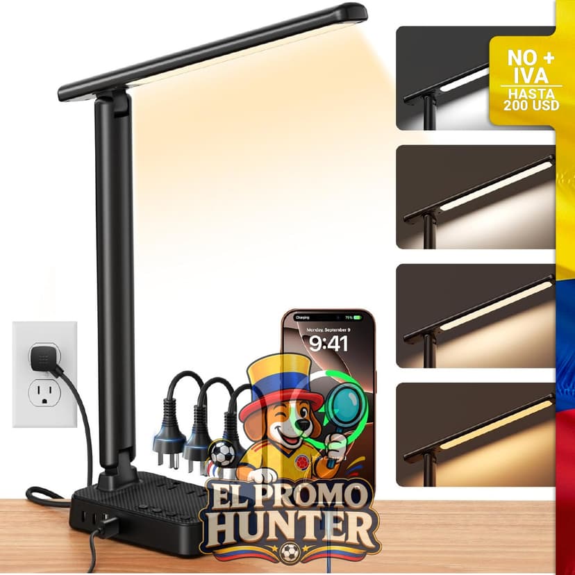 Lámpara de escritorio LED con 3 salidas de CA y 4 puertos USB (2 USB-C), atenuación continua y temperatura de luz de 2800K-6500K.