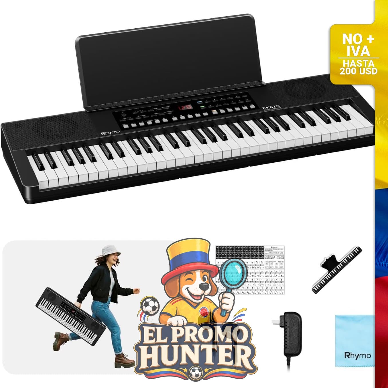Teclado eléctrico de 61 teclas con respuesta táctil, 300 tonos y 300 ritmos, pantalla LED y soporte para música.