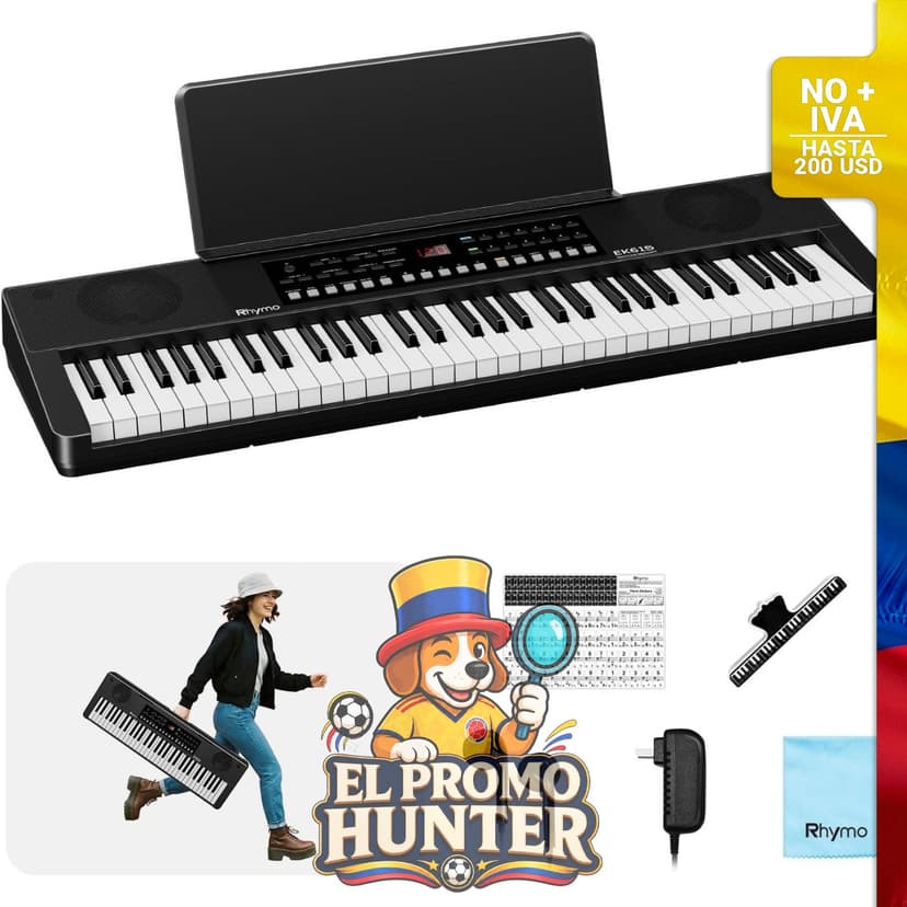 Teclado eléctrico de 61 teclas con respuesta táctil, 300 tonos y 300 ritmos, pantalla LED y soporte para música.
