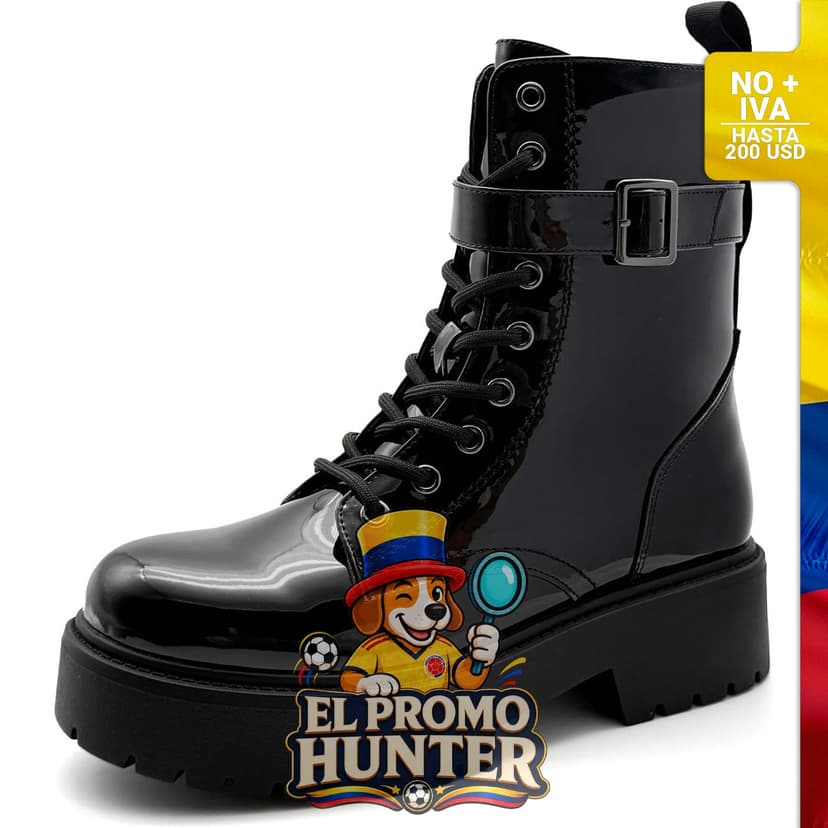 Botas de combate de charol negro para mujer, con tacón grueso, cremallera lateral y detalle de cordones.