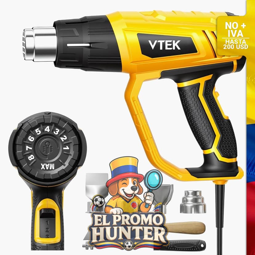 Pistola de calor de aire caliente de 1800 W, control de temperatura variable de 60 °C a 650 °C, incluye 4 boquillas.