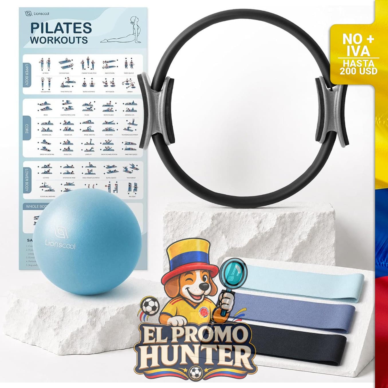 Set de anillos de pilates de 14" (35,56 cm) con manijas acolchadas, incluye bola mini de 9" (22,86 cm) y bandas de resistencia.